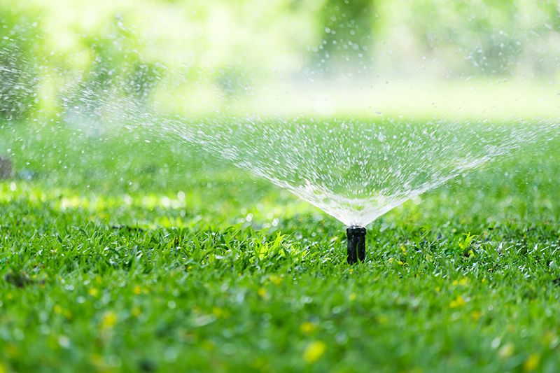 Close-up of an irrigation sprinkler head watering a lush green lawn